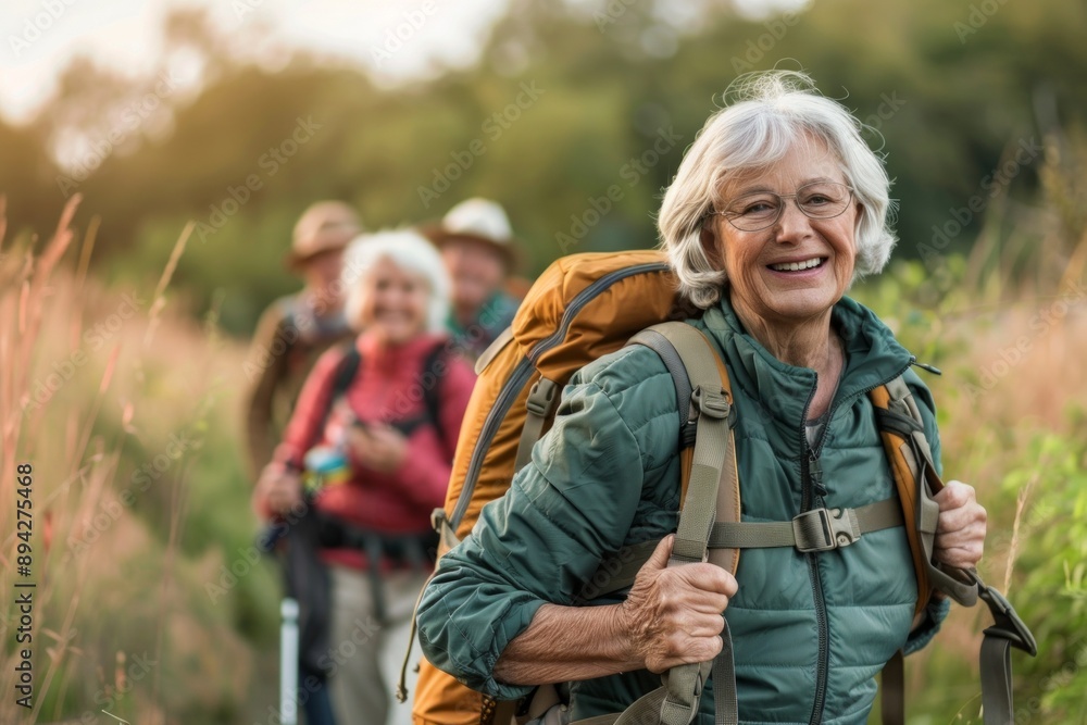 Seniors enjoying a hiking adventure in a lush, green forest, featuring a group of elderly people of European descent. The focus is on an elderly woman in the foreground smiling, Concept: senior hiking Seniors enjoying a hiking adventure in a lush, green forest, featuring a group of elderly people of European descent. The focus is on an elderly woman in the foreground smiling, Concept: senior hiking