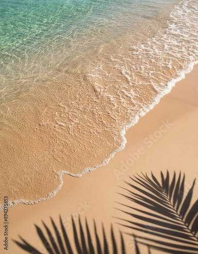 A sandy beach with turquoise water and the shadow of palm leaves