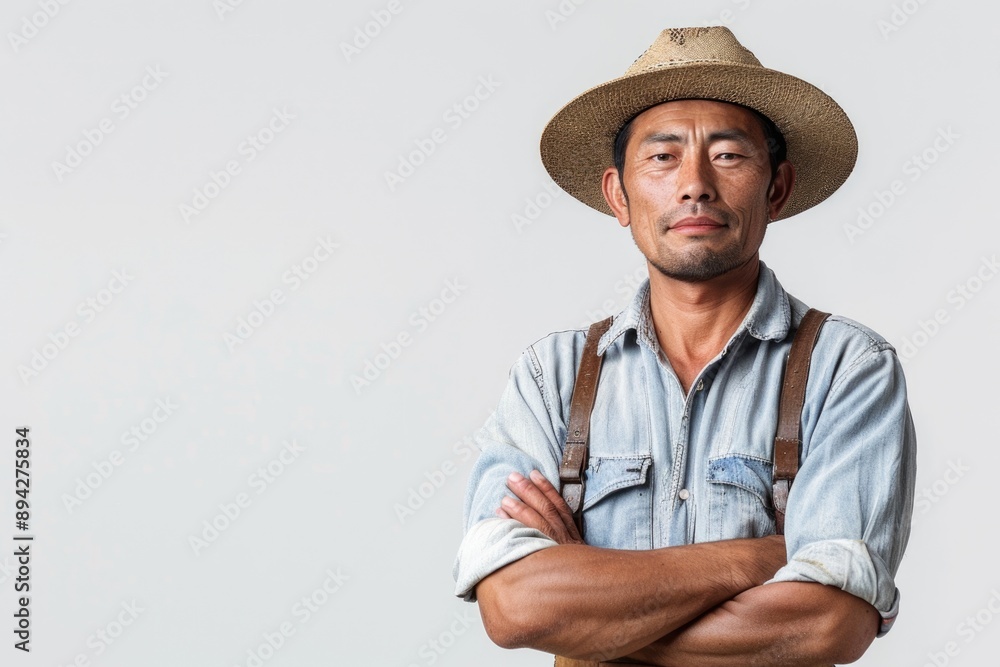 Asian male farmer standing with crossed arms in hat isolated on white background Asian male farmer standing with crossed arms in hat isolated on white background