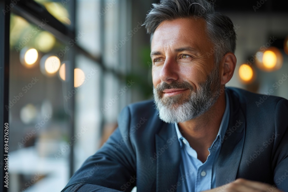 Stylish mature executive at desk looking thoughtful and optimistic. Stylish mature executive at desk looking thoughtful and optimistic.