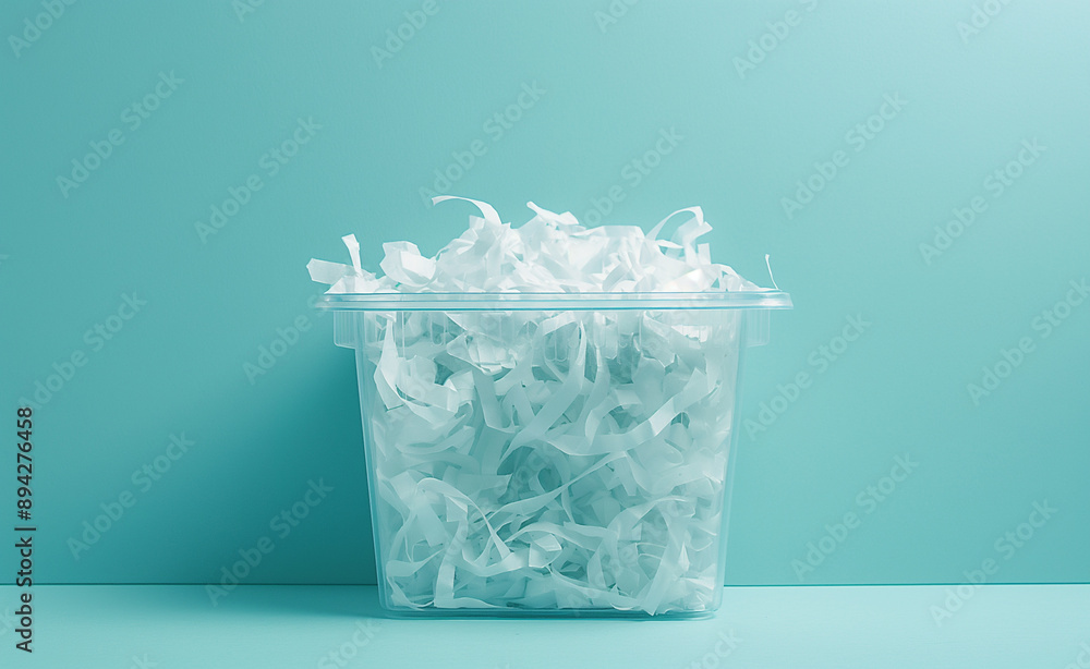 Transparent glass container filled with shredded paper on a blue background. Transparent glass container filled with shredded paper on a blue background.