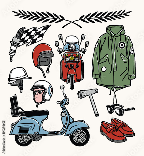 Detailed Retro Scooter Gear and Accessories Illustration Featuring Helmets Jackets Scooters and Tools for Riders