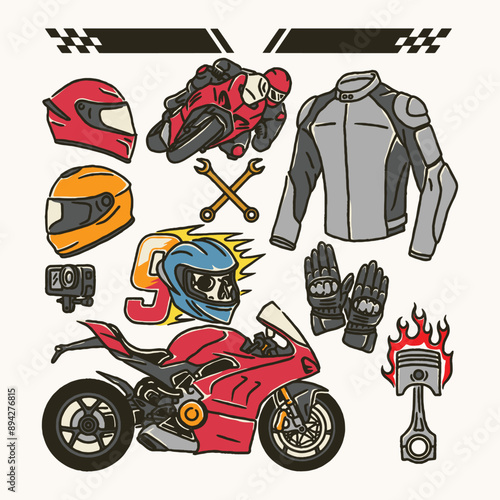 Colorful Motorsports Gear and Accessories Illustration Featuring Helmets Jackets Gloves and Bikes for Racers