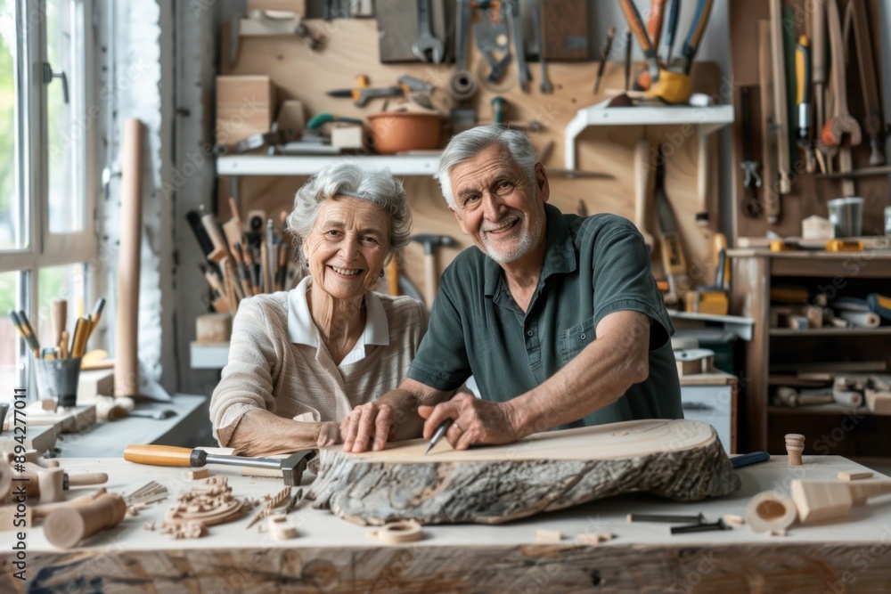Happy senior couple woodworking together, elderly European man and woman in a cozy workshop, surrounded by tools and wooden crafts, smiling and enjoying the creative process, horizontal composition, w Happy senior couple woodworking together, elderly European man and woman in a cozy workshop, surrounded by tools and wooden crafts, smiling and enjoying the creative process, horizontal composition, w