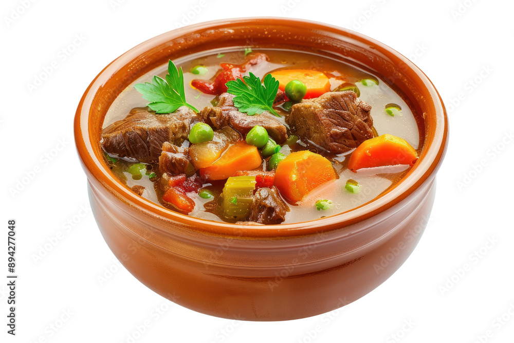 A hearty beef stew filled with tender meat, vegetables, and a rich, flavorful broth. Isolated on white background. A hearty beef stew filled with tender meat, vegetables, and a rich, flavorful broth. Isolated on white background.