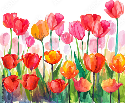 Tulips Field Watercolor Design Vector Illustration.