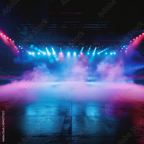 Colorful lights and smoke effects illuminate an empty stadium. The dark floor and smoke create a mysterious ambiance, perfect for showcasing products or creating dramatic visuals.