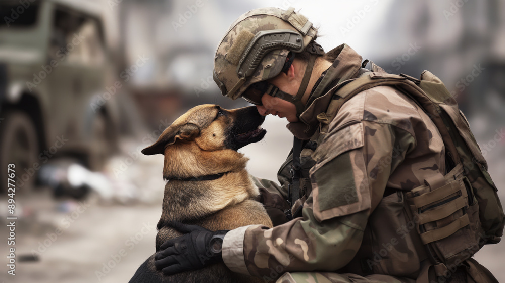 Fototapeta premium Soldier in military gear kneeling and sharing a tender moment with a service dog, background of blurred vehicle and debris.