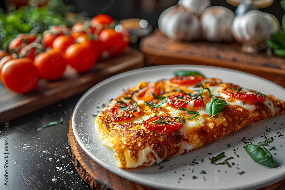 Delicious cheesy omelette topped with fresh tomatoes and basil served on a white plate. Delicious cheesy omelette topped with fresh tomatoes and basil served on a white plate.