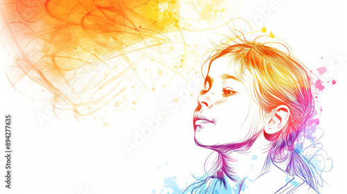 Colorful outline of a young girl on a white backdrop. Design for an idea