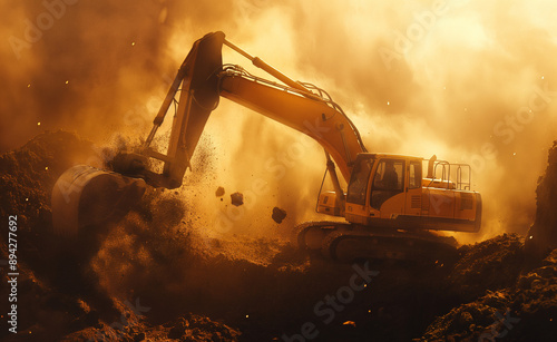 Excavator working in a dusty quarry at sunset. photo