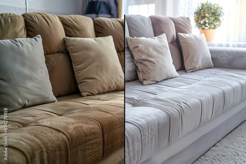 Before and after textile sofa wet cleaning indoors by professional service concept