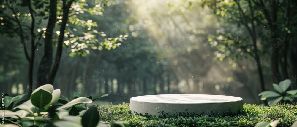 Blank product podium in a serene forest, natural theme, tranquility and peace Blank product podium in a serene forest, natural theme, tranquility and peace