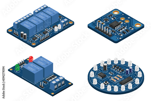 Set of isometric electronic board. Isometric printed circuit board with electronic components. Electronic components and integrated circuit board