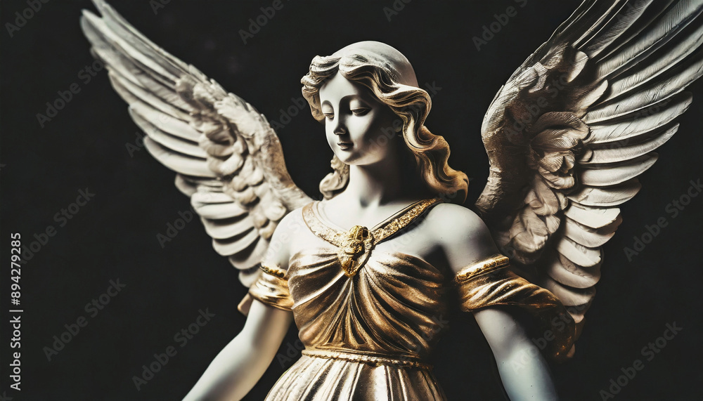 Obraz premium Closeup of detailed marble female angel statue with wings against dark background. Woman sculpture