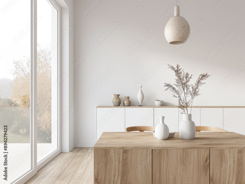 Dining room interiors with a dinning table next to a large window in neutral colors. Residential interiors design composition, home decor image. Dining room interiors with a dinning table next to a large window in neutral colors. Residential interiors design composition, home decor image.