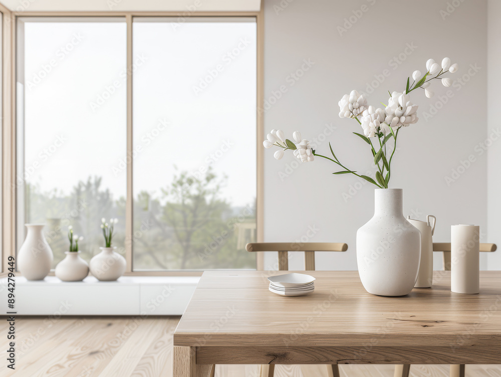 Dining room interiors with a dinning table next to a large window in neutral colors. Residential interiors design composition, home decor image. Dining room interiors with a dinning table next to a large window in neutral colors. Residential interiors design composition, home decor image.