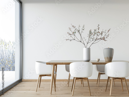 Dining room interiors with a dinning table next to a large window in neutral colors. Residential interiors design composition, home decor image.