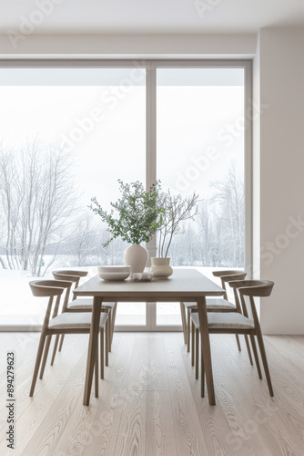 Dining room interiors with a dinning table next to a large window in neutral colors. Residential interiors design composition, home decor image.