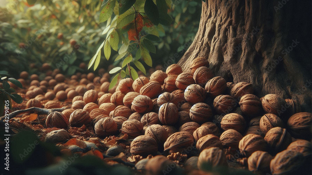 Fototapeta premium A highly detailed, beautifully created HD scene of walnuts scattered beneath a tree