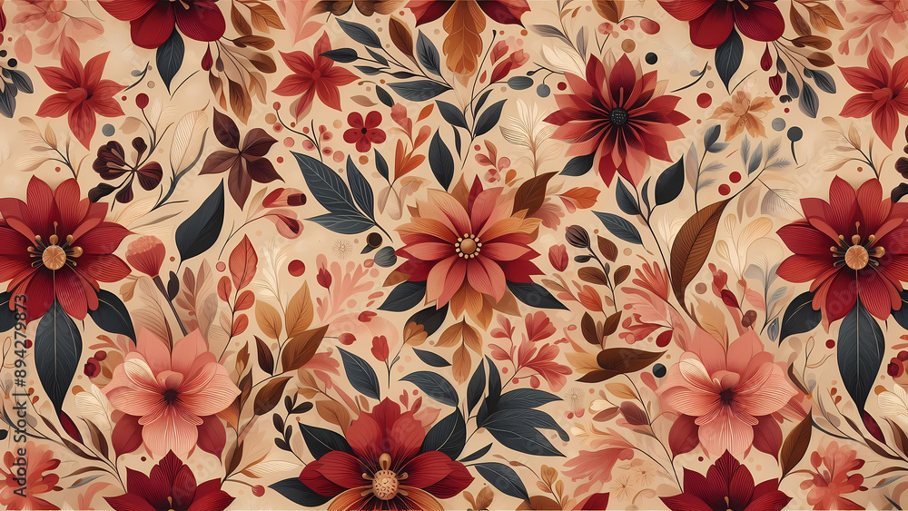 peach and maroon blossoms come together to make a beautiful pattern peach and maroon blossoms come together to make a beautiful pattern