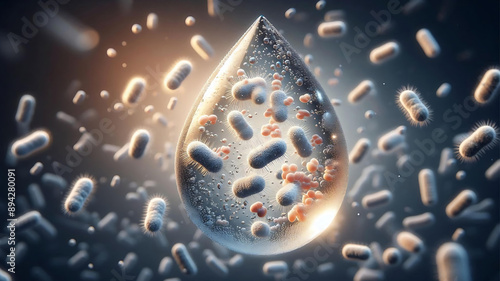A beautifully created, realistic HD image of a droplet of clear water contaminated with bacteria