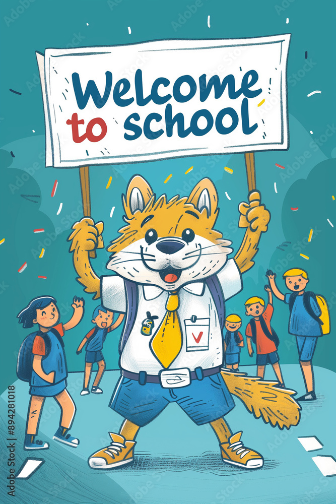 Fototapeta premium A friendly school mascot holding a 