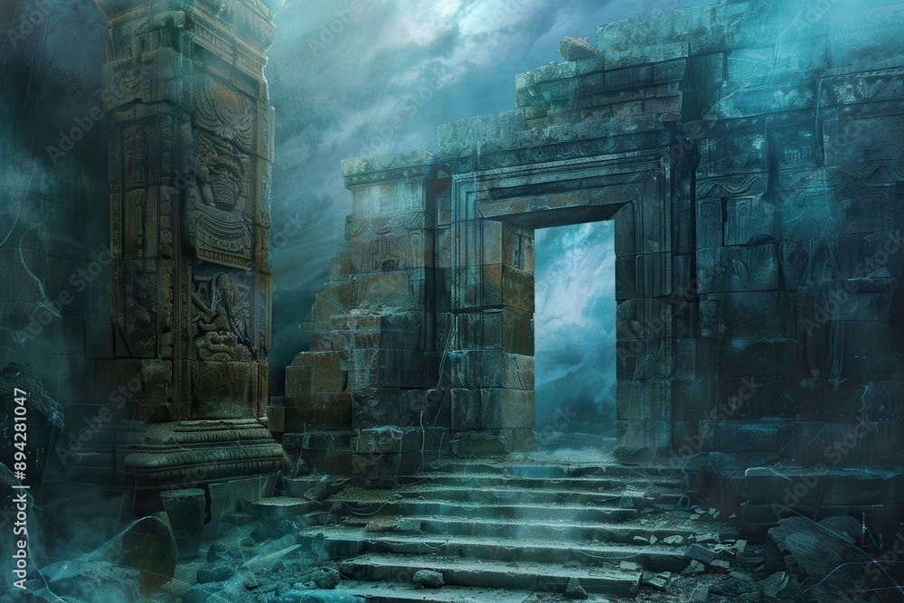Ancient temple ruins in a mysterious underwater world with glowing blue light Ancient temple ruins in a mysterious underwater world with glowing blue light