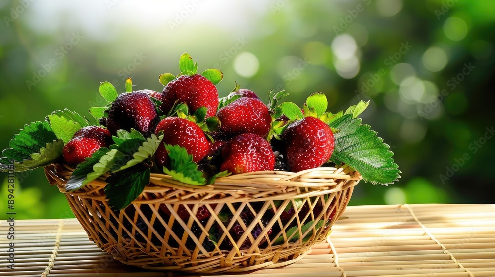 Fresh strawberries in a wicker basket on wooden table with green bokeh background. Vibrant and appetizing display of summer fruits. Fresh strawberries in a wicker basket on wooden table with green bokeh background. Vibrant and appetizing display of summer fruits.