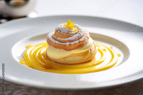 a pastry with custard on top on a plate