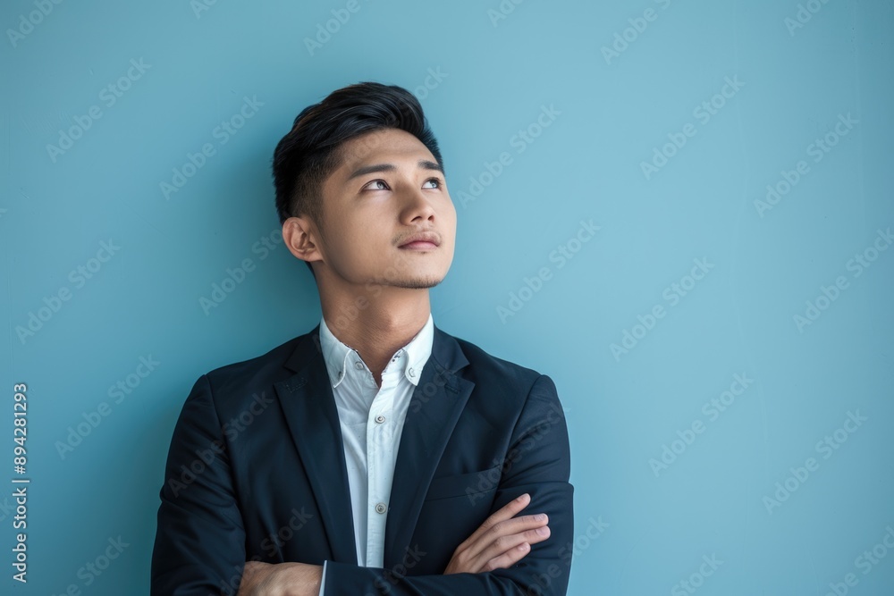 Portrait of confident young Southeast Asian businessman on blue background. Portrait of confident young Southeast Asian businessman on blue background.