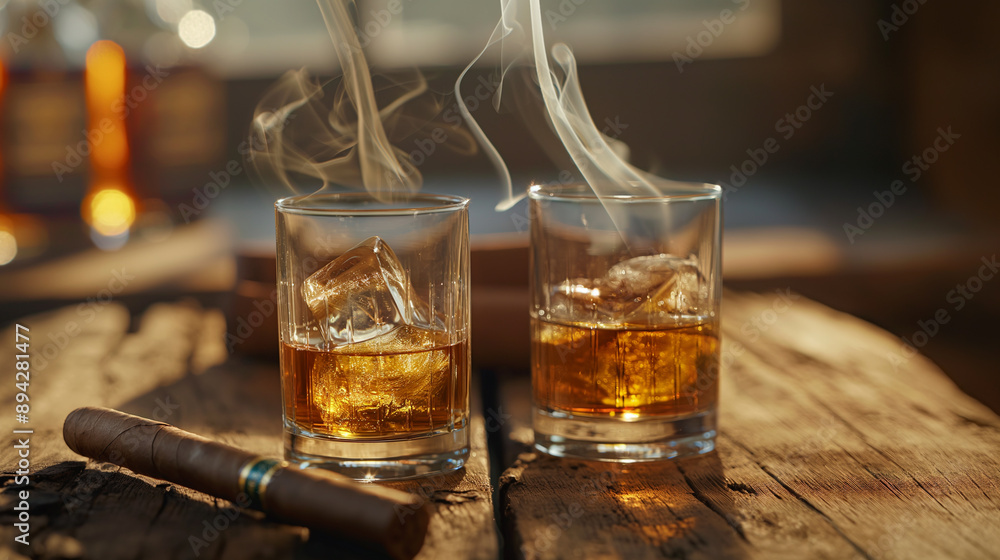 Two glasses of whiskey with ice and cigars on a rustic wooden table. Two glasses of whiskey with ice and cigars on a rustic wooden table.