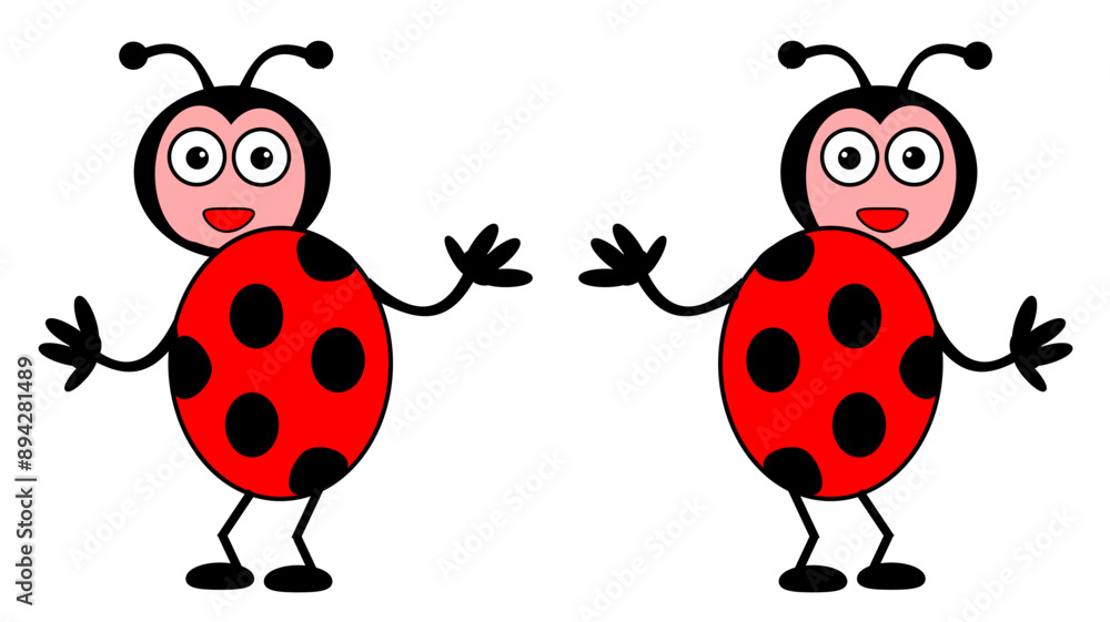 Fototapeta premium A cartoon ladybug with a funny face, two arms and two legs. Isolated on a white background.