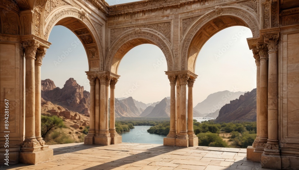 Ancient Archway with River and Mountain View. Ancient Archway with River and Mountain View.