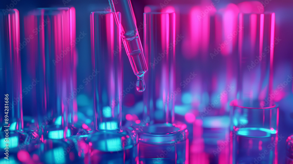 Colorful test tubes with liquid being pipetted in a laboratory.
Colorful test tubes with liquid being pipetted in a laboratory.