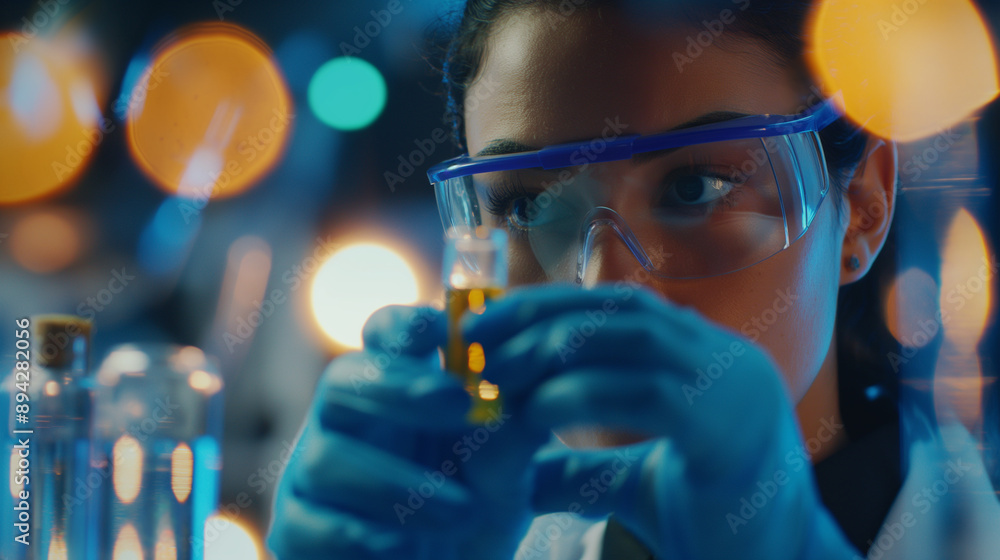 Scientist in safety goggles conducting an experiment in a laboratory. Scientist in safety goggles conducting an experiment in a laboratory.