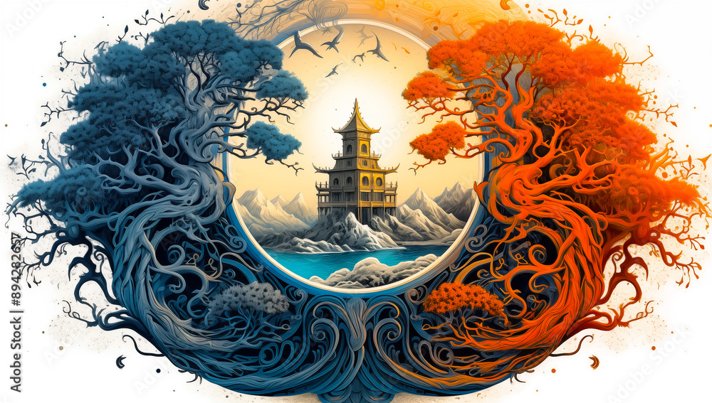 Obraz premium Illustration of Ying yang of balance Yggdrasil tree of life Norse mythology. Balance concept. Generative Ai.
