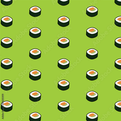 Seamless maki sushi illustration pattern, green background