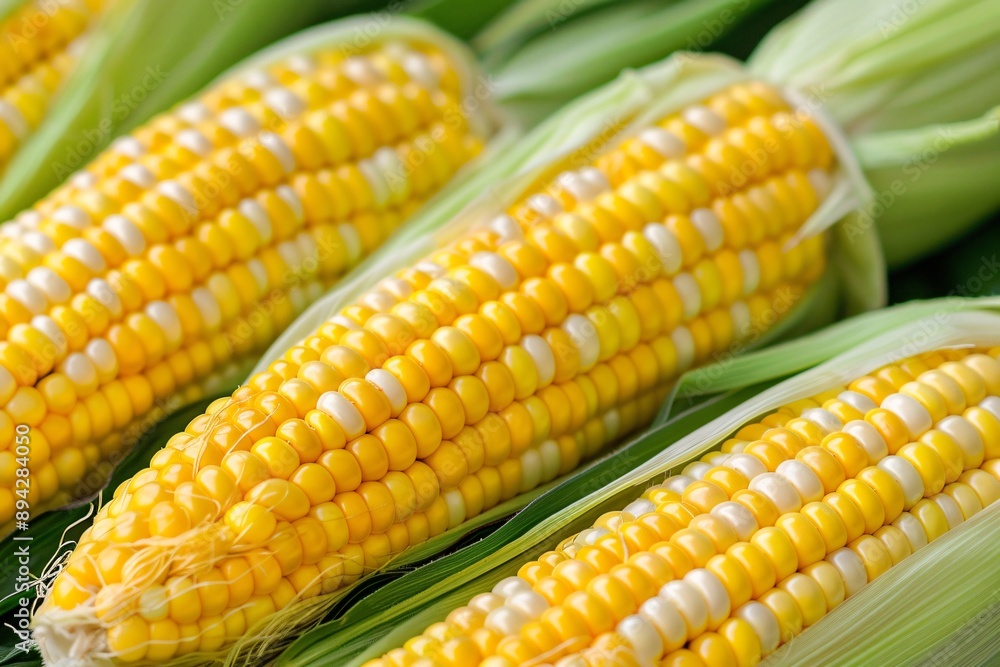 Fresh corn on the cob is lying on green leaves Fresh corn on the cob is lying on green leaves