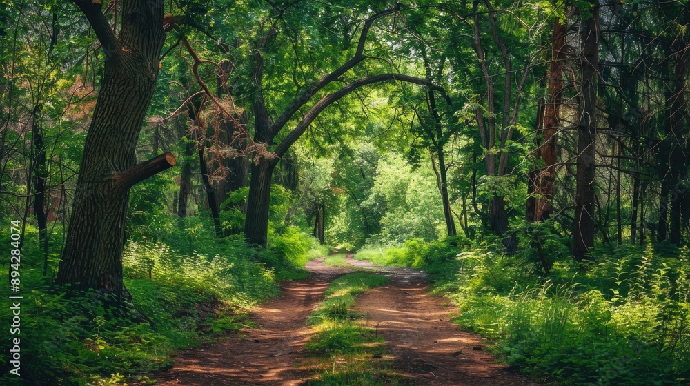 Naklejka premium Scenic green forest path with trees