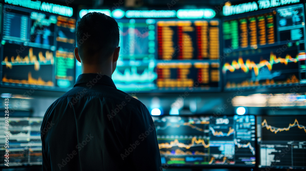 Businessman monitoring stock market data on multiple screens in a trading room. Businessman monitoring stock market data on multiple screens in a trading room.