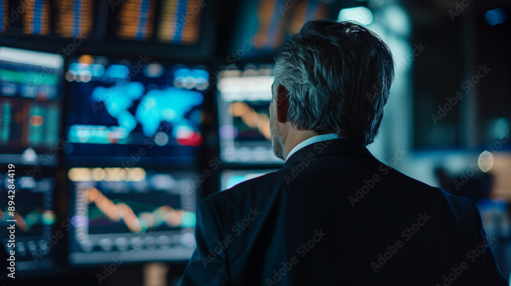 Businessman monitoring stock market data on multiple screens in a trading room. Businessman monitoring stock market data on multiple screens in a trading room.