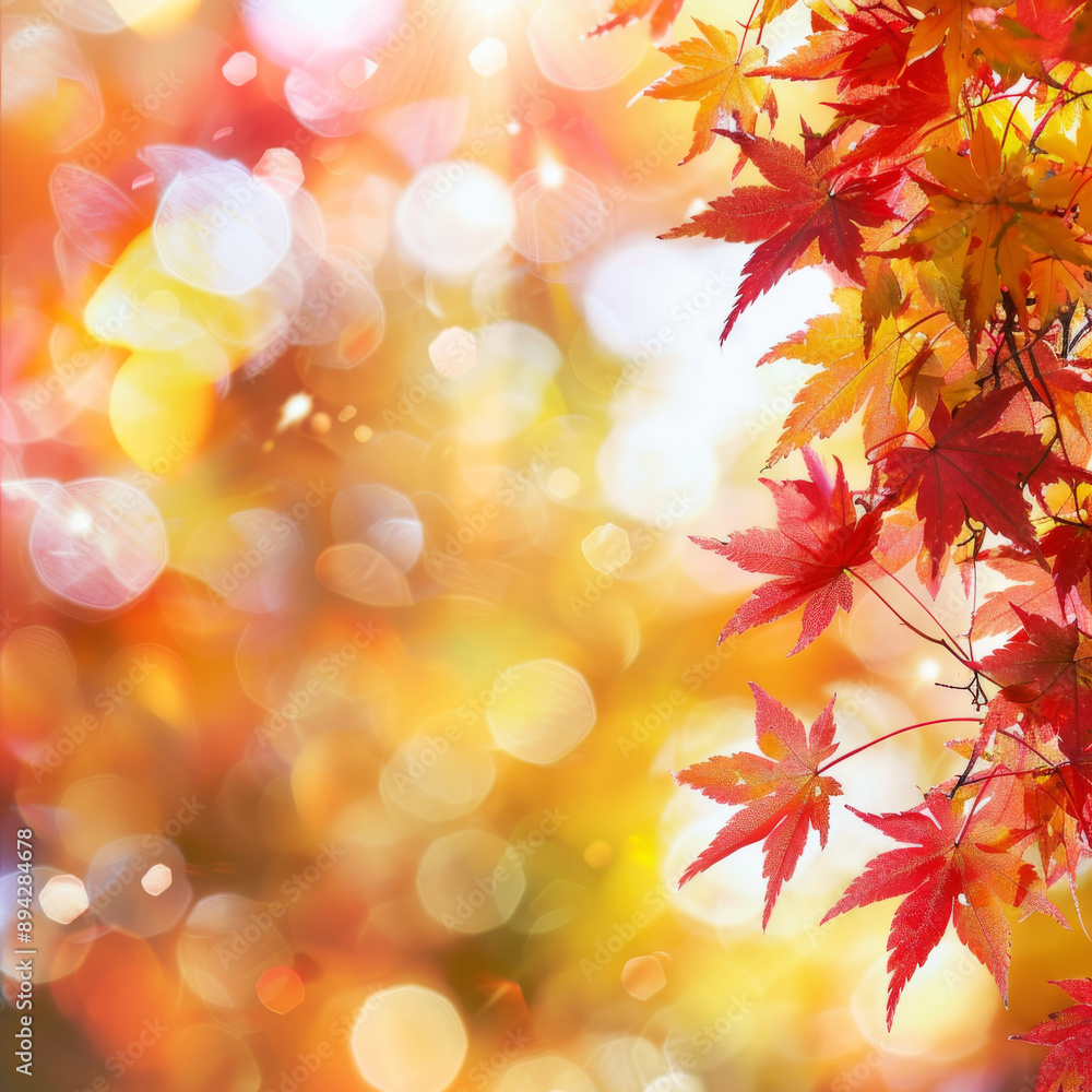Design a fall web banner with red and yellow maple leaves and a soft focus light and bokeh background for end-of-year activities. Design a fall web banner with red and yellow maple leaves and a soft focus light and bokeh background for end-of-year activities.