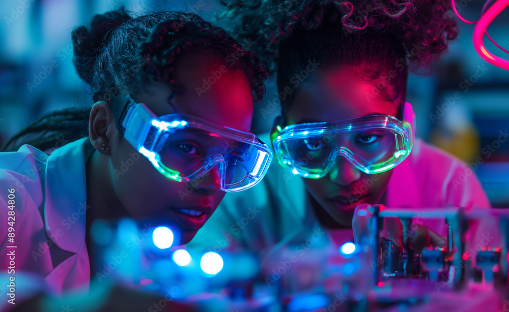 Scientists working in a high-tech lab with neon lighting. Scientists working in a high-tech lab with neon lighting.