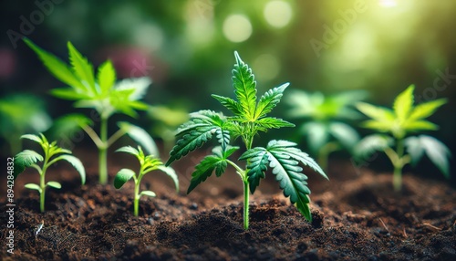 Cannabis seedlings in various growth stages, four small plants on brown soil © M2A