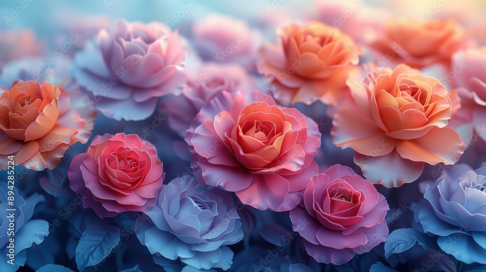 Obraz premium Multicolored Rose Garden, a vibrant fantasy landscape filled with a lush array of roses in various hues, evoking a sense of wonder and beauty.