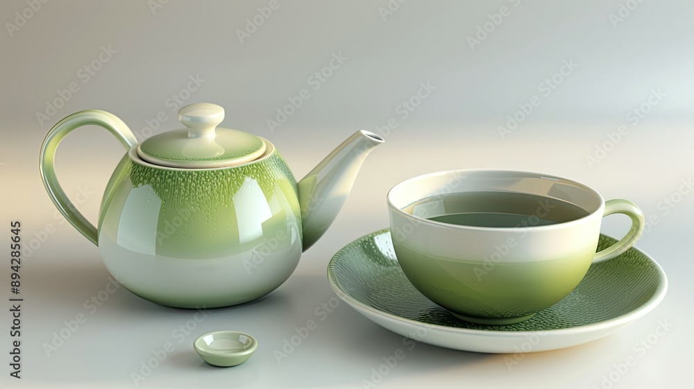 A modern tea set with a pot and cup of green tea on an entirely white background, emphasizing simplicity A modern tea set with a pot and cup of green tea on an entirely white background, emphasizing simplicity