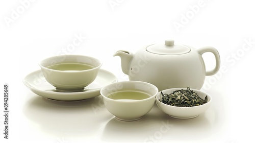 Wallpaper Mural A modern tea set with a pot and cup of green tea on an entirely white background, emphasizing simplicity Torontodigital.ca