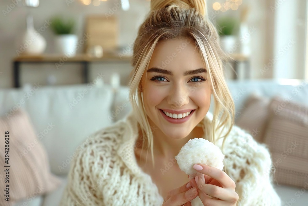 Close-up photo of a Caucasian woman rubbing her foot with a pumice stone in the living room Close-up photo of a Caucasian woman rubbing her foot with a pumice stone in the living room