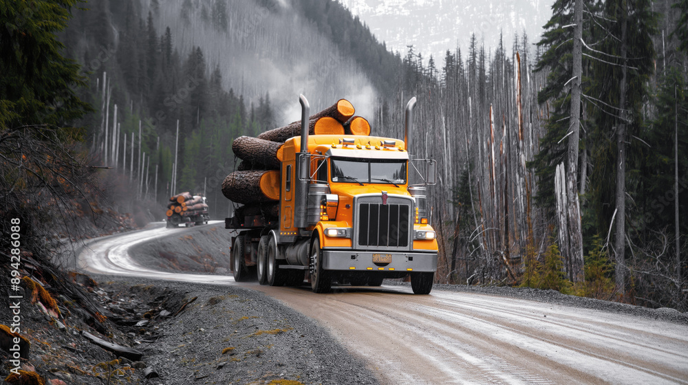 Large orange logging truck carrying logs on a winding road through a forest with another logging truck in the background. Large orange logging truck carrying logs on a winding road through a forest with another logging truck in the background.